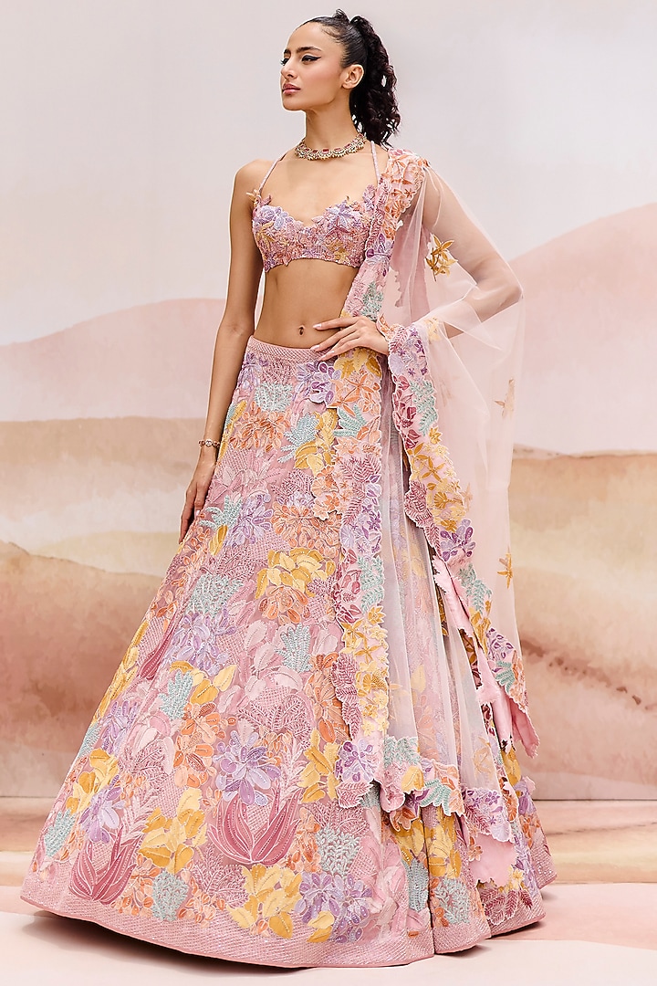 Muted Pink Organza Floral Embroidered Bridal Lehenga Set by Mishru at Pernia's Pop Up Shop