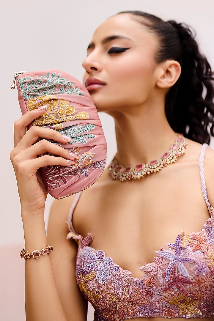 Muted Pink Organza Floral Embroidered Bridal Lehenga Set by Mishru at Pernia's Pop Up Shop