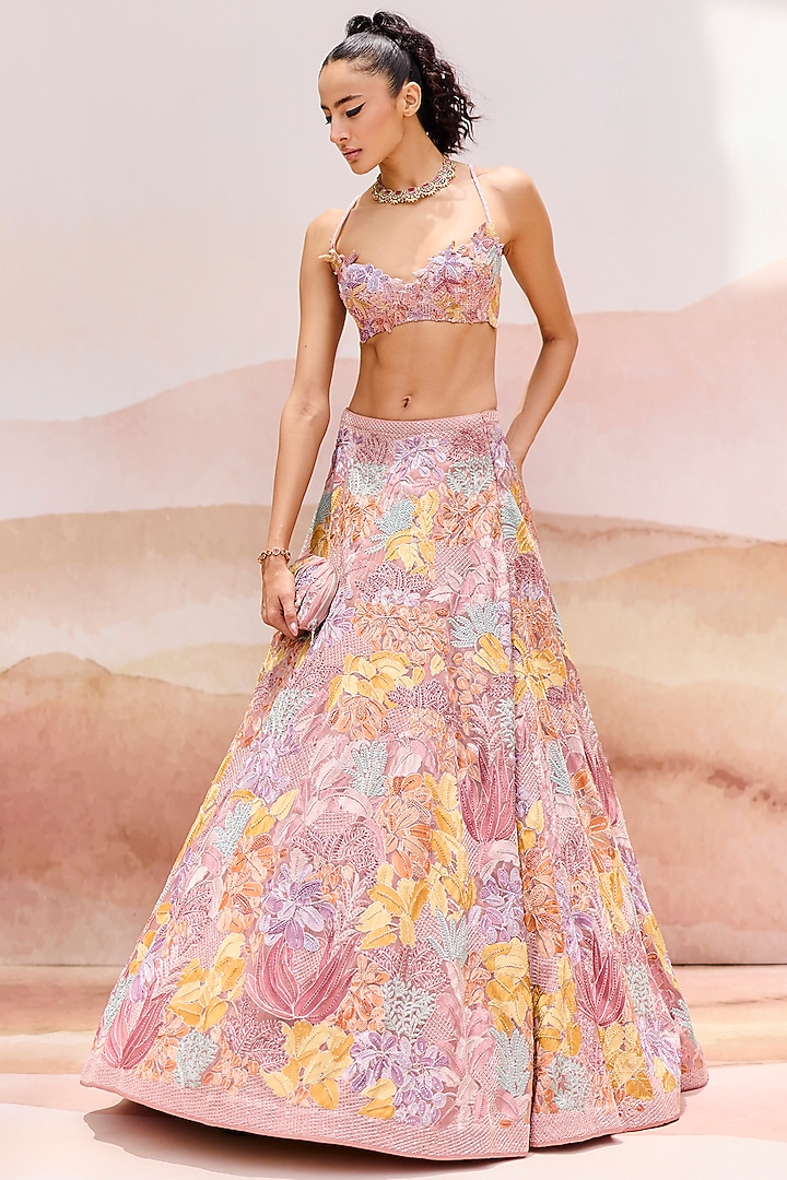 Muted Pink Organza Floral Embroidered Bridal Lehenga Set by Mishru at Pernia's Pop Up Shop