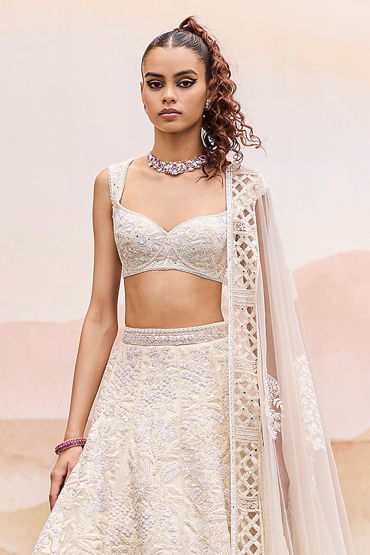 Ivory Organza Embroidered Bridal Lehenga Set by Mishru at Pernia's Pop Up Shop
