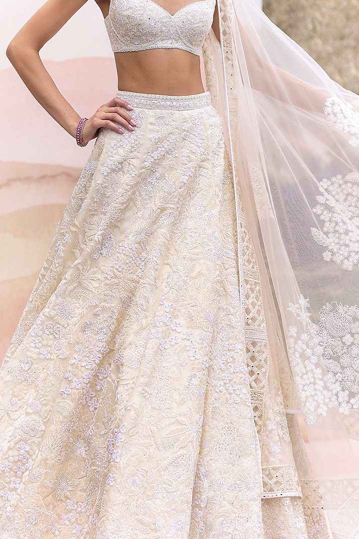 Ivory Organza Embroidered Bridal Lehenga Set by Mishru at Pernia's Pop Up Shop