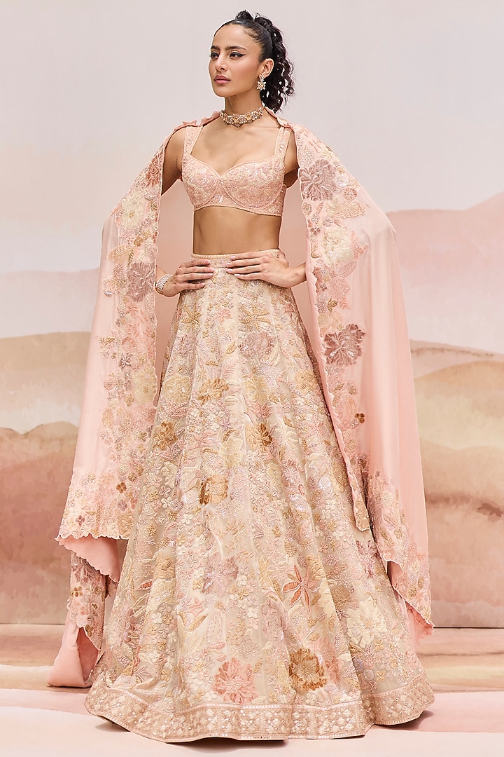 Golden Shaded Silk Geometric Embroidered Bridal Lehenga Set by Mishru at Pernia's Pop Up Shop
