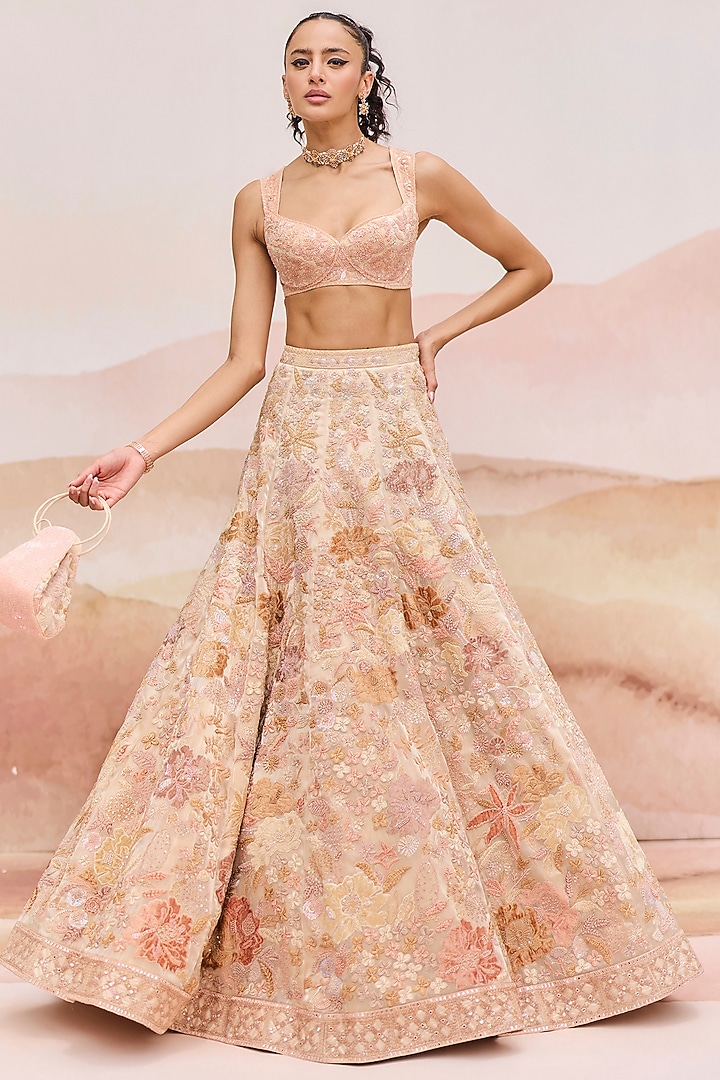Golden Shaded Silk Geometric Embroidered Bridal Lehenga Set by Mishru at Pernia's Pop Up Shop