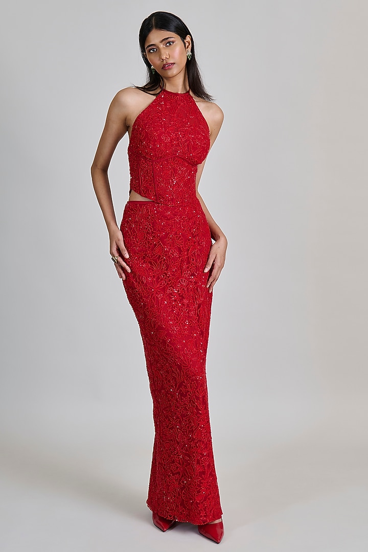 Red Tulle Slim Skirt Set by Mishru at Pernia's Pop Up Shop