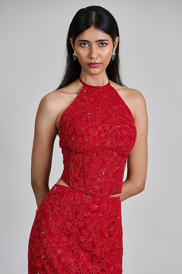 Red Tulle Slim Skirt Set by Mishru at Pernia's Pop Up Shop