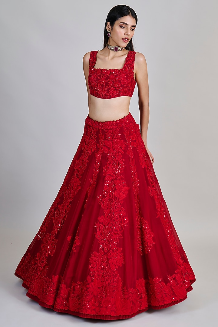 Red Organza Kalidar Bridal Lehenga Set by Mishru at Pernia's Pop Up Shop