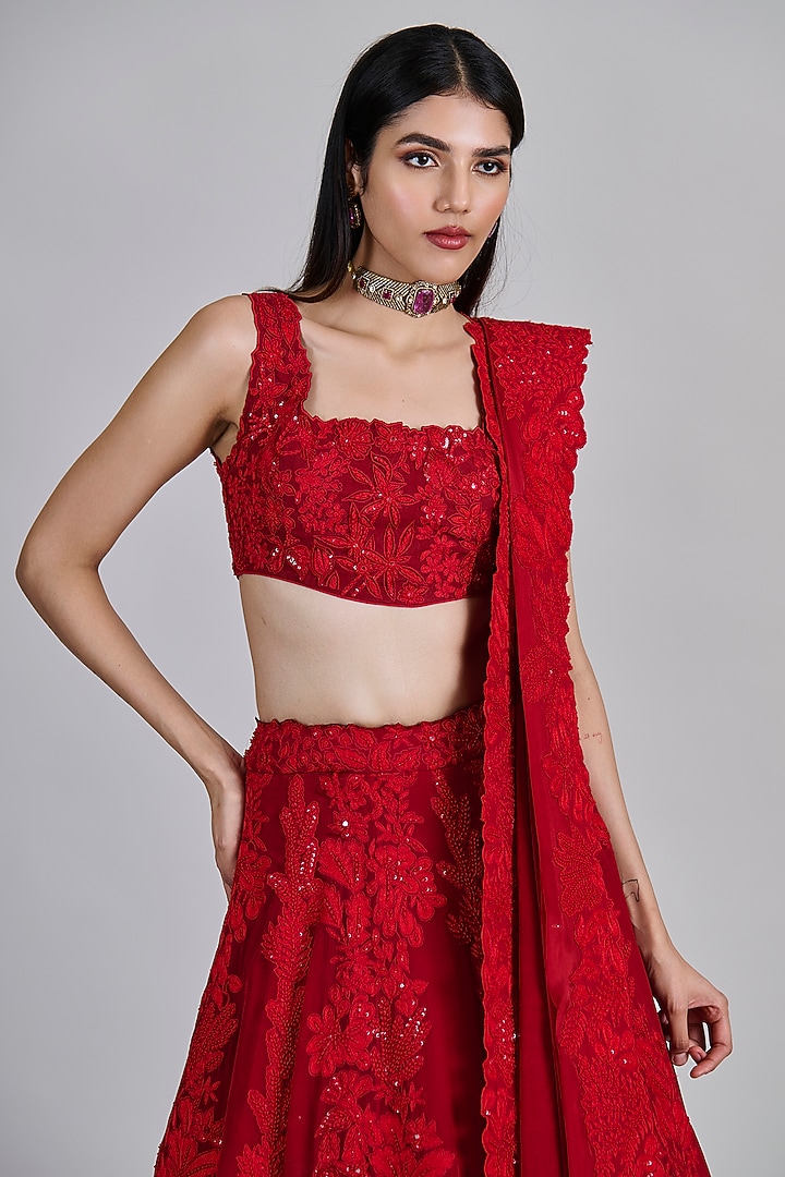 Red Organza Kalidar Bridal Lehenga Set by Mishru at Pernia's Pop Up Shop