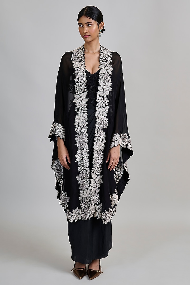 Black Organza Triangle Cape Set by Mishru at Pernia's Pop Up Shop