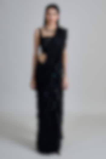 Black Organza Smocked Draped Bridal Saree Set by Mishru at Pernia's Pop Up Shop