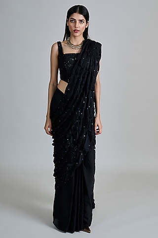Black Organza Smocked Draped Saree Set by Mishru