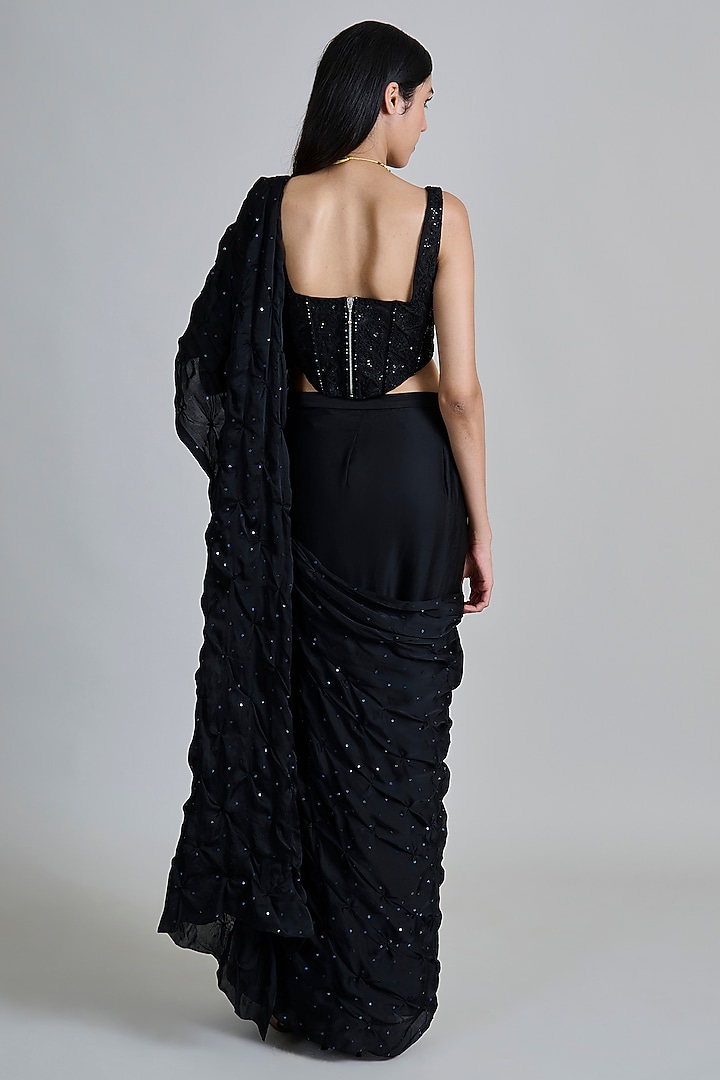 Black Organza Smocked Draped Bridal Saree Set by Mishru at Pernia's Pop Up Shop