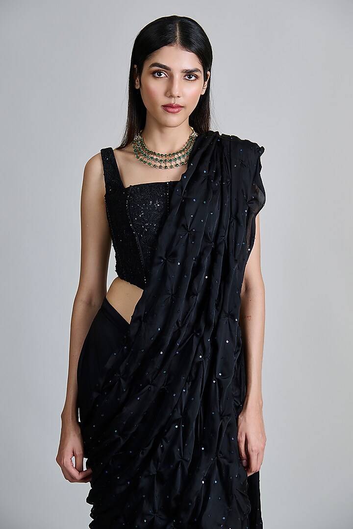 Black Organza Smocked Draped Bridal Saree Set by Mishru at Pernia's Pop Up Shop