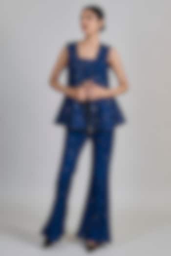 Navy Blue Tulle Geometric Jacket Set by Mishru at Pernia's Pop Up Shop