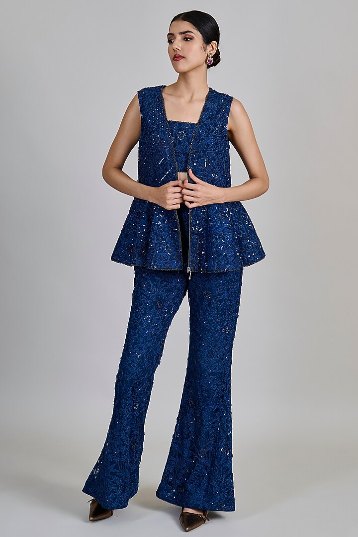 Navy Blue Tulle Geometric Jacket Set by Mishru at Pernia's Pop Up Shop