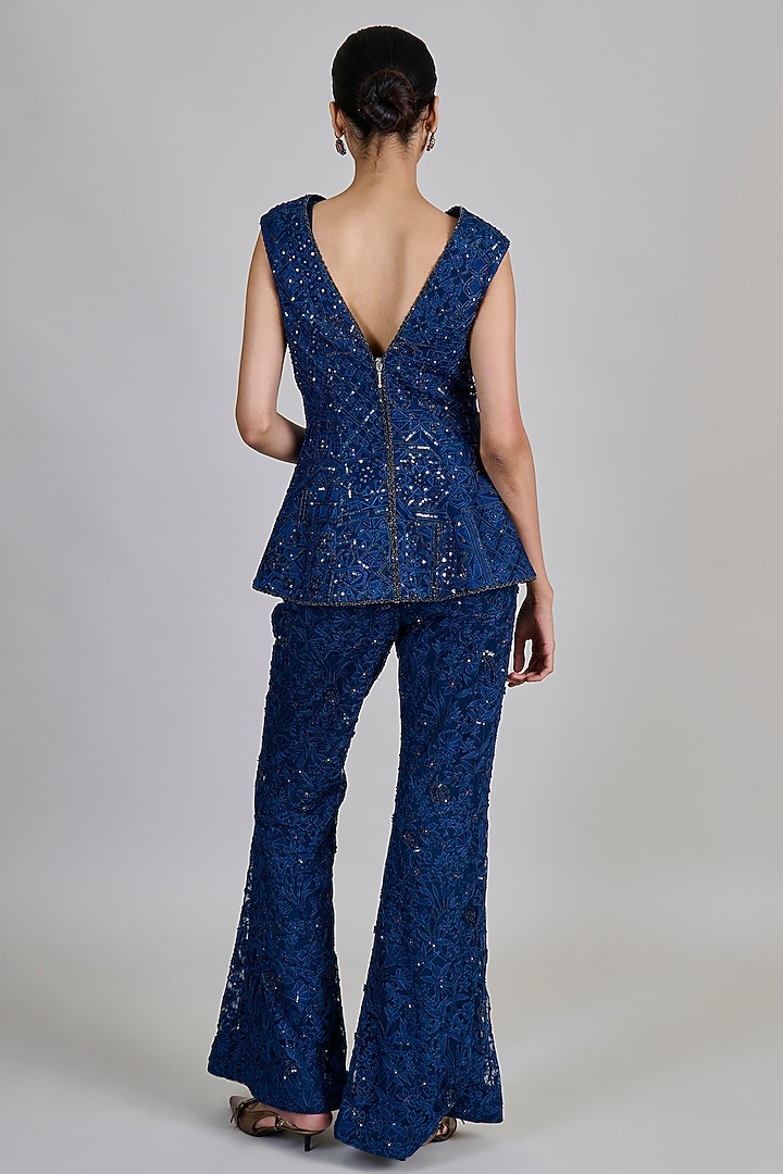 Navy Blue Tulle Geometric Jacket Set by Mishru at Pernia's Pop Up Shop