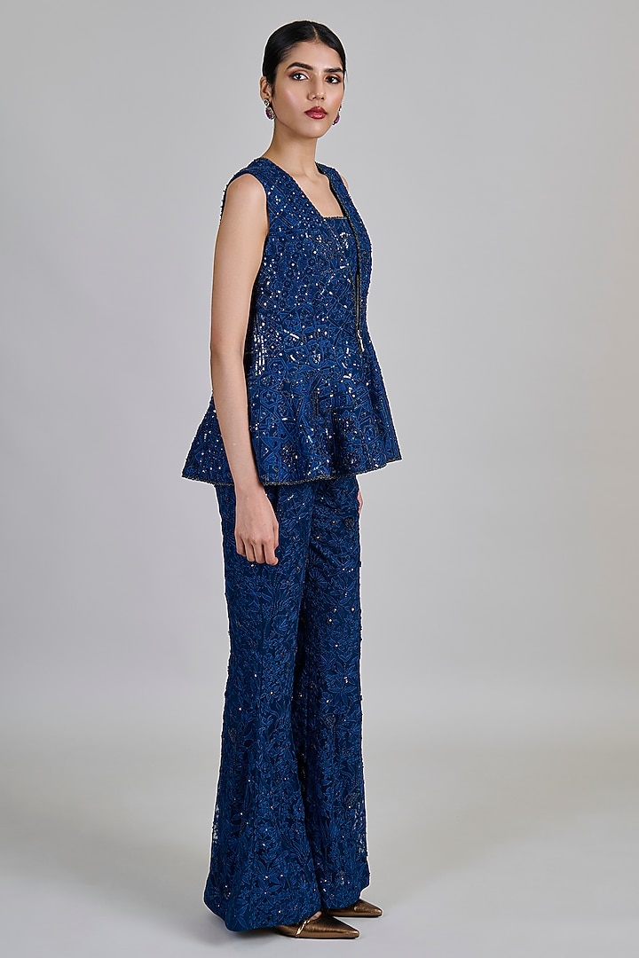 Navy Blue Tulle Geometric Jacket Set by Mishru at Pernia's Pop Up Shop