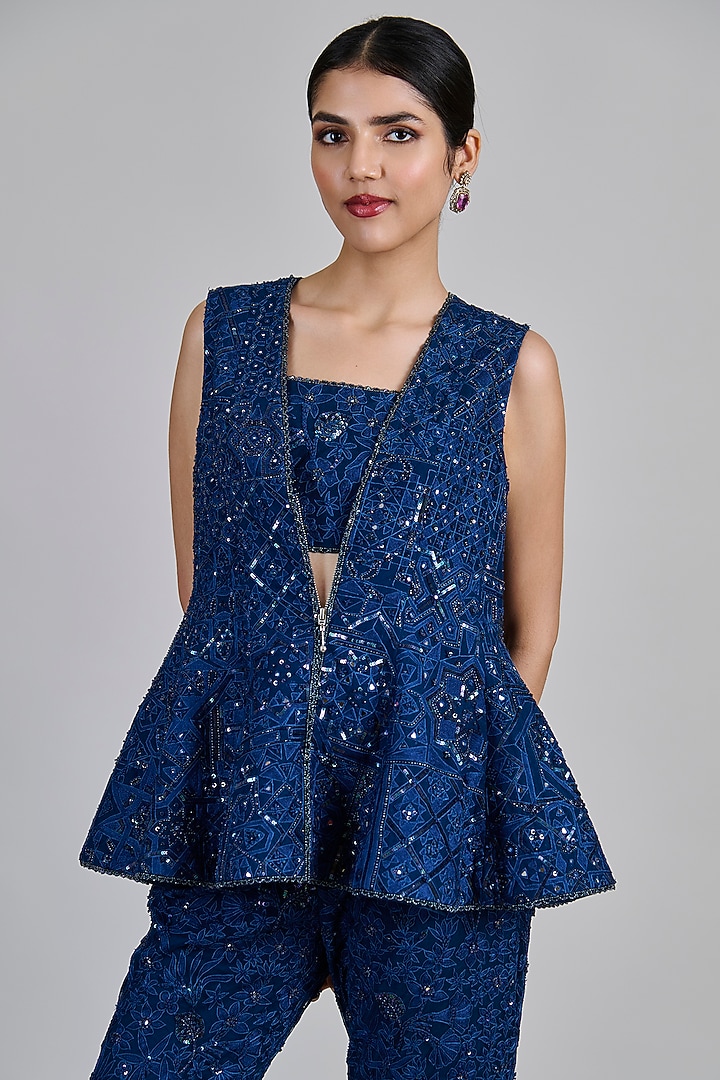 Navy Blue Tulle Geometric Jacket Set by Mishru at Pernia's Pop Up Shop
