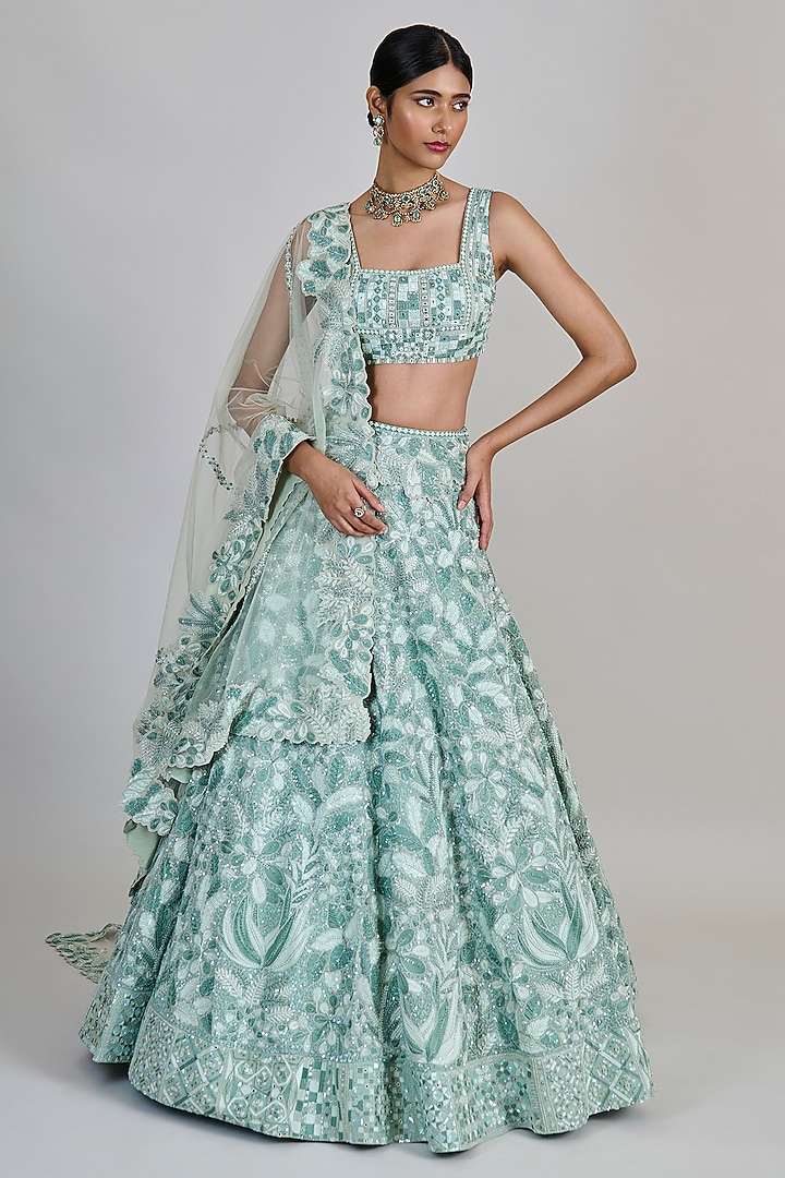 Mint Organza Sequins Bridal Lehenga Set by Mishru at Pernia's Pop Up Shop