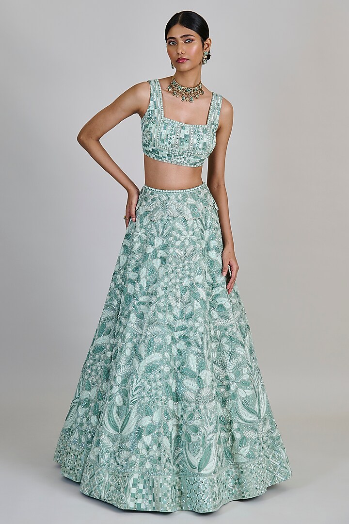 Mint Organza Sequins Bridal Lehenga Set by Mishru at Pernia's Pop Up Shop