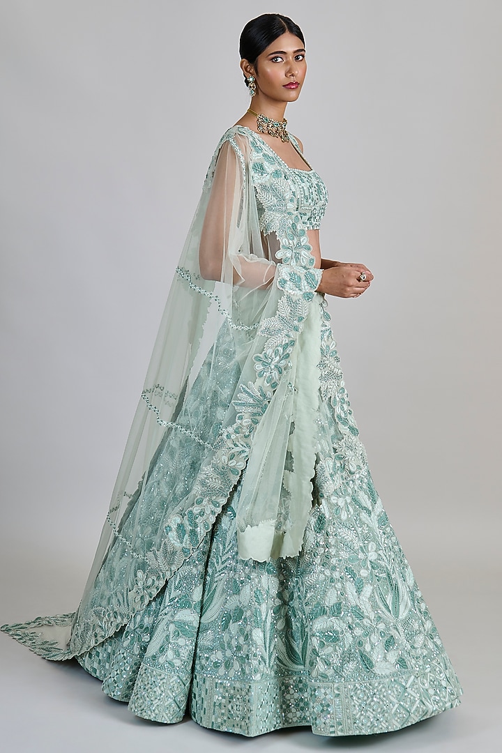 Mint Organza Sequins Bridal Lehenga Set by Mishru at Pernia's Pop Up Shop