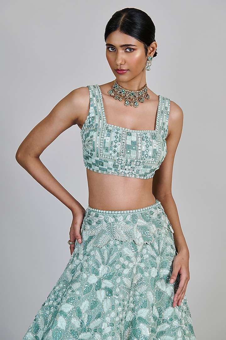 Mint Organza Sequins Bridal Lehenga Set by Mishru at Pernia's Pop Up Shop
