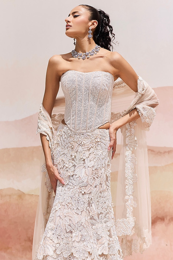 Ivory Tulle Layered Fish-Cut Bridal Lehenga Set by Mishru at Pernia's Pop Up Shop