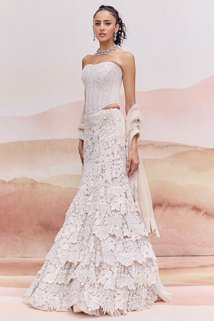 Ivory Tulle Layered Fish-Cut Bridal Lehenga Set by Mishru at Pernia's Pop Up Shop