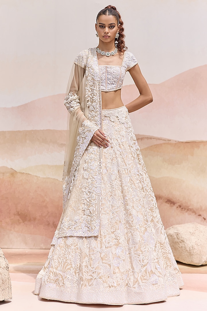 Golden Organza Wildflower Bridal Lehenga Set by Mishru at Pernia's Pop Up Shop