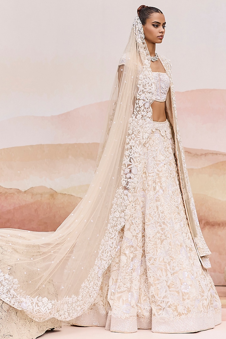 Golden Organza Wildflower Bridal Lehenga Set by Mishru at Pernia's Pop Up Shop
