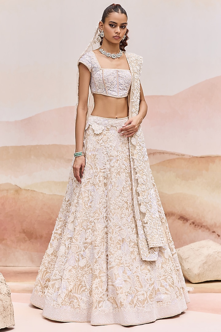 Golden Organza Wildflower Bridal Lehenga Set by Mishru at Pernia's Pop Up Shop
