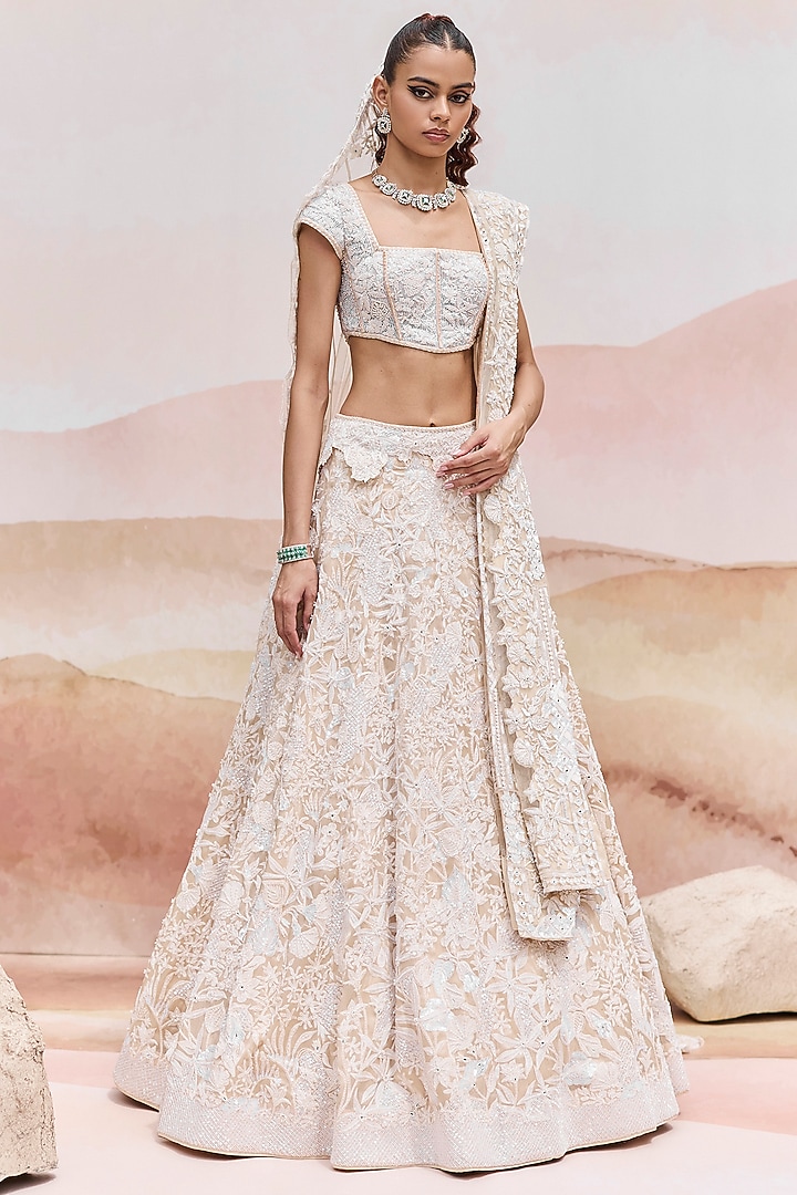 Golden Organza Wildflower Bridal Lehenga Set by Mishru at Pernia's Pop Up Shop
