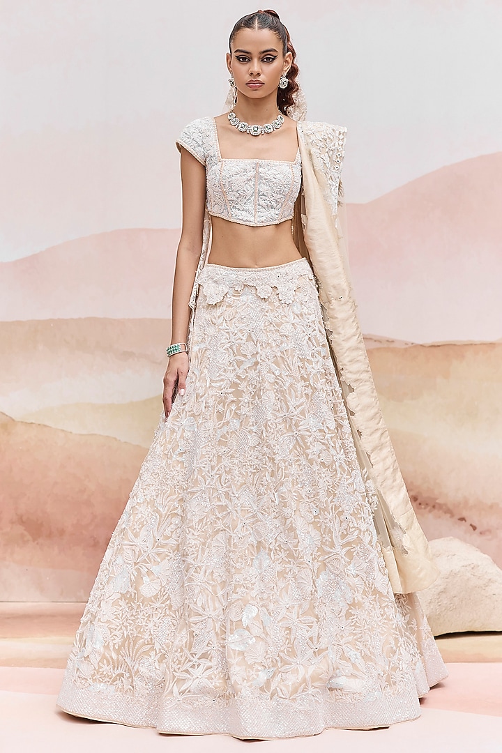 Golden Organza Wildflower Bridal Lehenga Set by Mishru at Pernia's Pop Up Shop