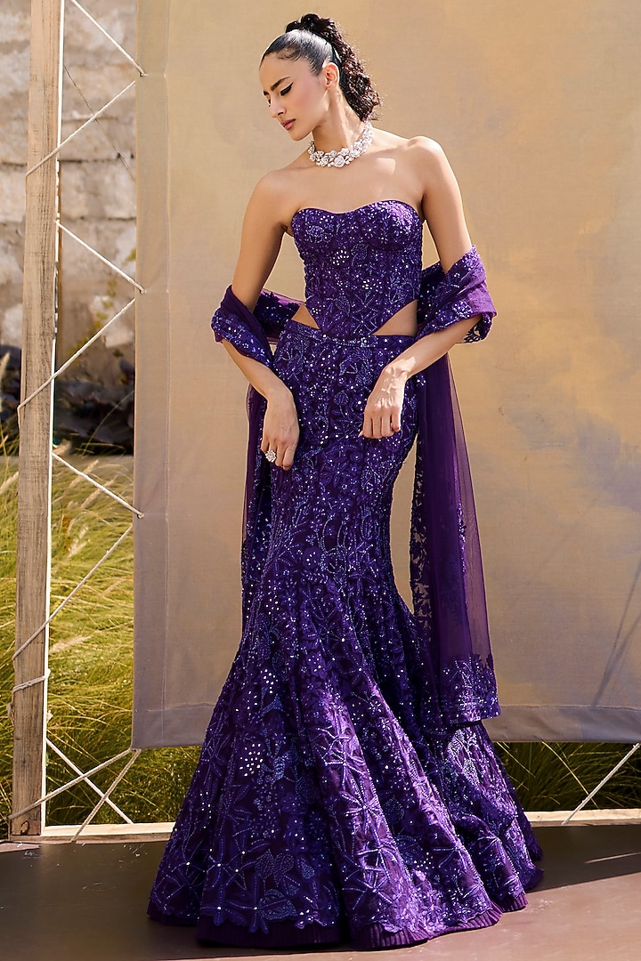 Purple Tulle Wildflower Fish-Cut Bridal Lehenga Set by Mishru at Pernia's Pop Up Shop