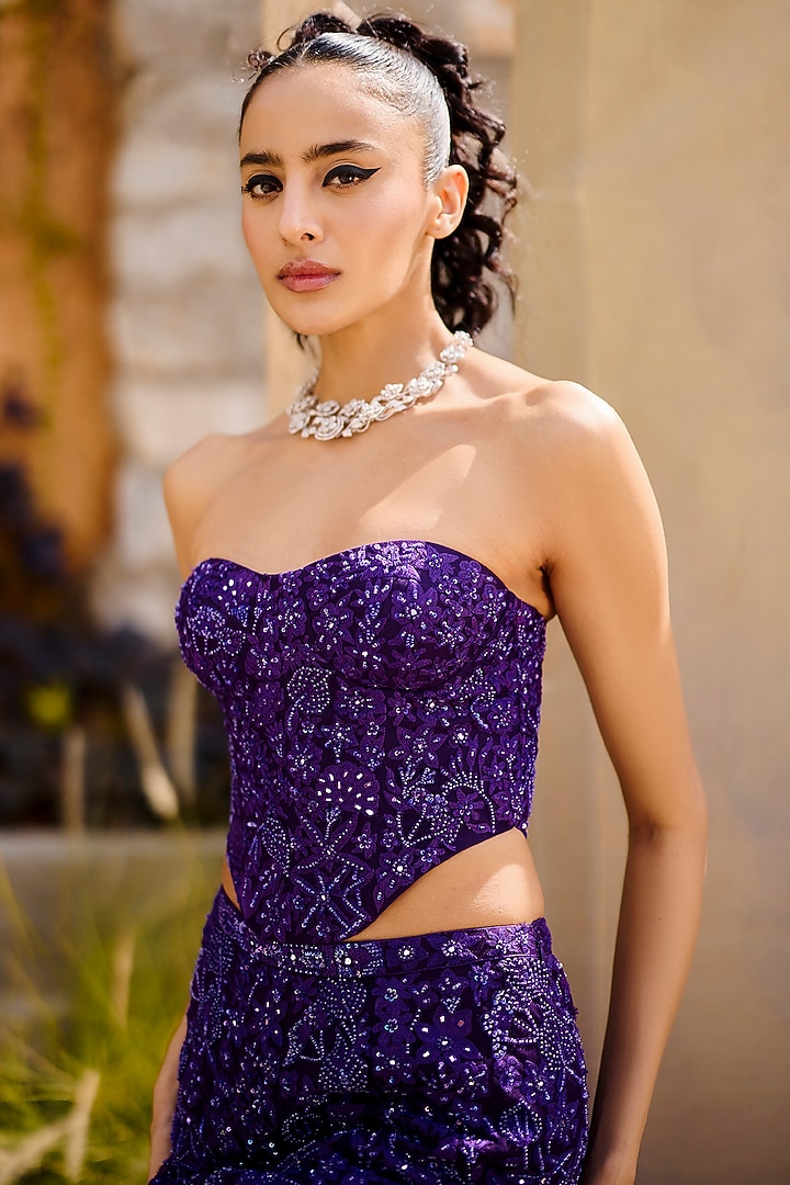 Purple Tulle Wildflower Fish-Cut Bridal Lehenga Set by Mishru at Pernia's Pop Up Shop