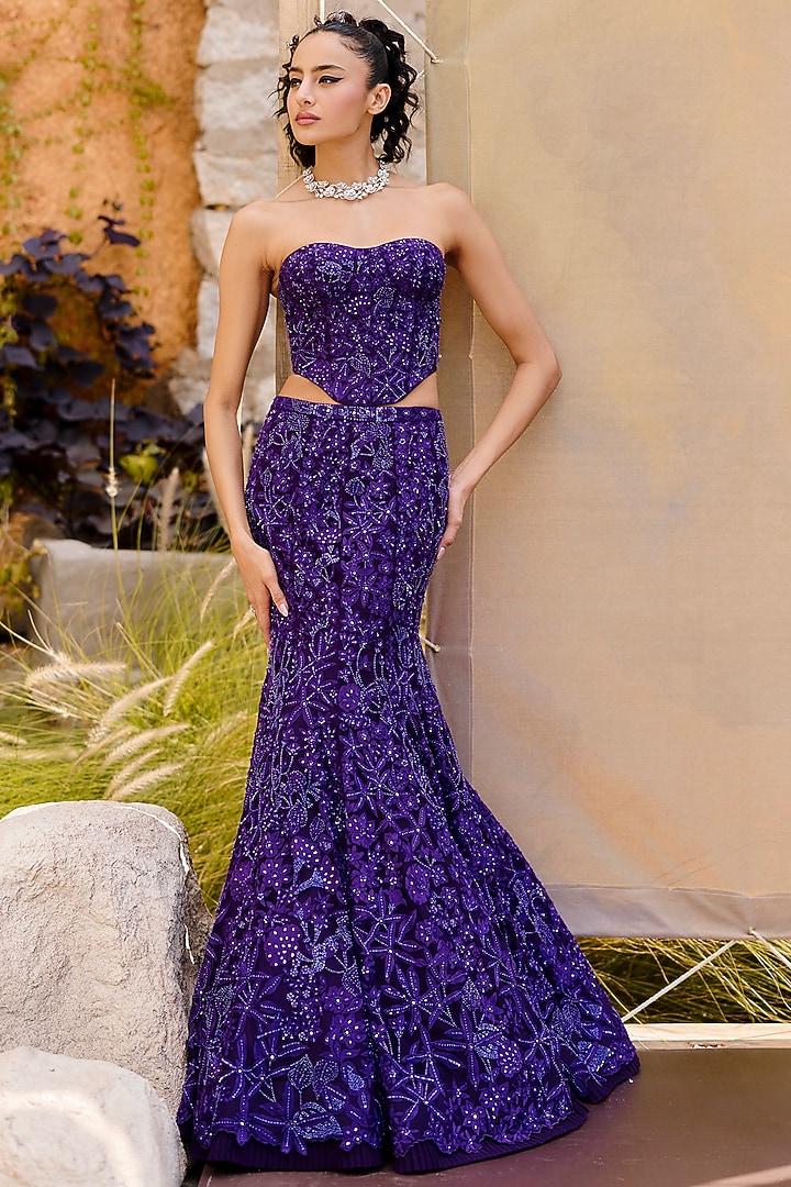 Purple Tulle Wildflower Fish-Cut Bridal Lehenga Set by Mishru at Pernia's Pop Up Shop