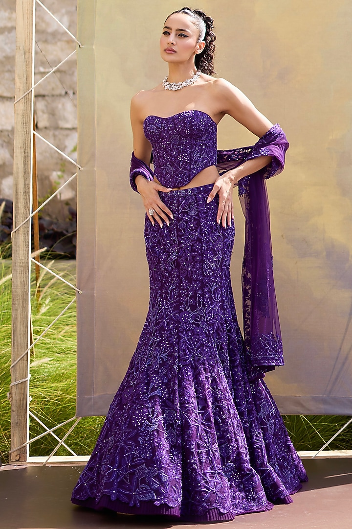 Purple Tulle Wildflower Fish-Cut Bridal Lehenga Set by Mishru at Pernia's Pop Up Shop