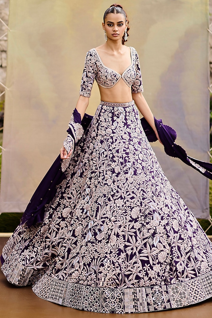 Purple Organza Wildflower Bridal Lehenga Set by Mishru at Pernia's Pop Up Shop