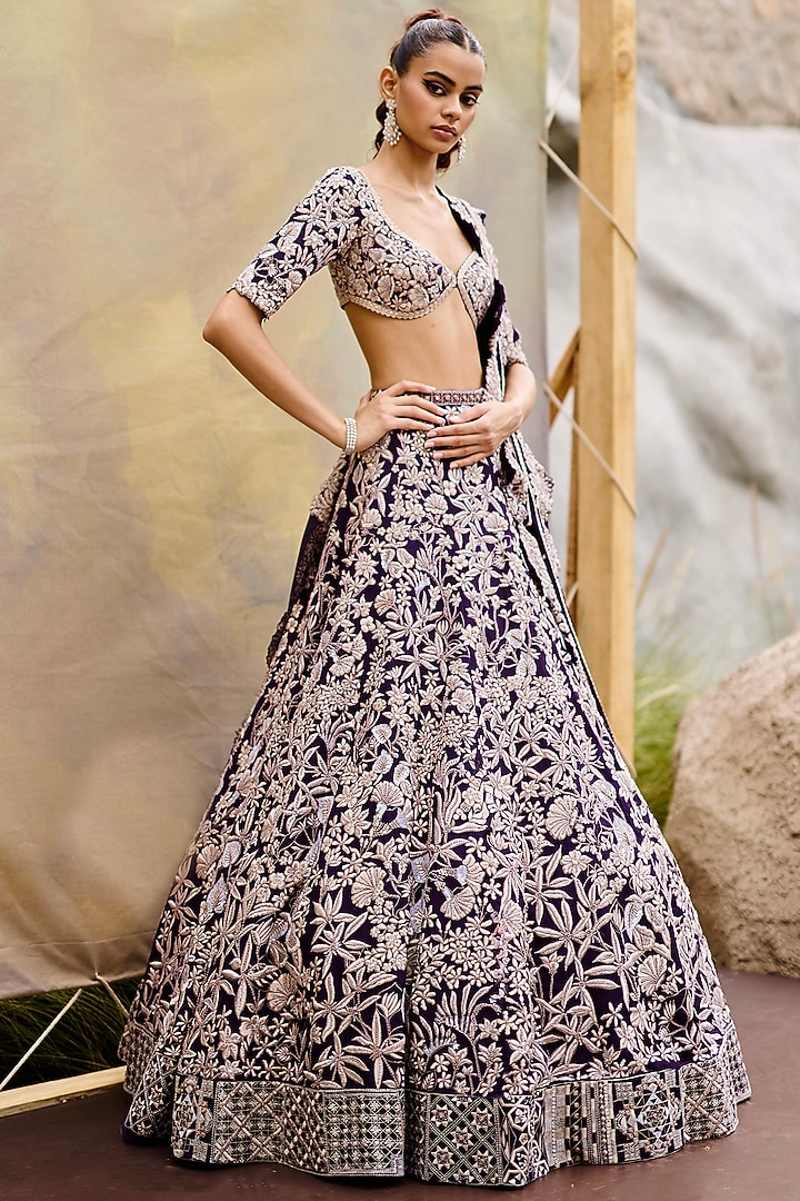 Purple Organza Wildflower Bridal Lehenga Set by Mishru at Pernia's Pop Up Shop