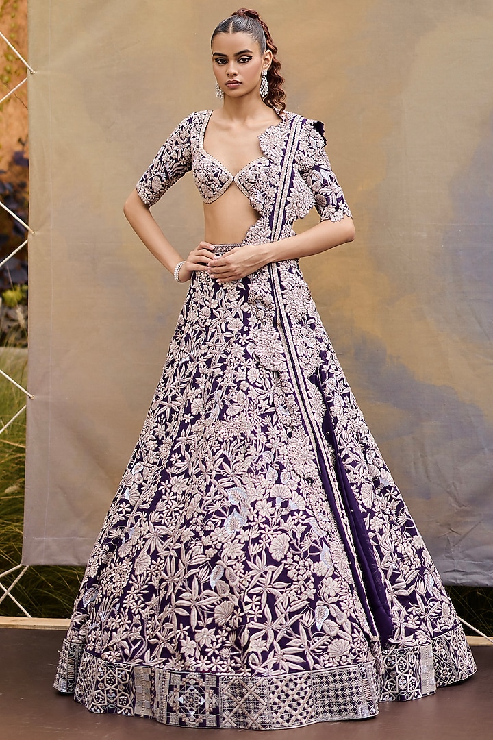 Purple Organza Wildflower Bridal Lehenga Set by Mishru at Pernia's Pop Up Shop
