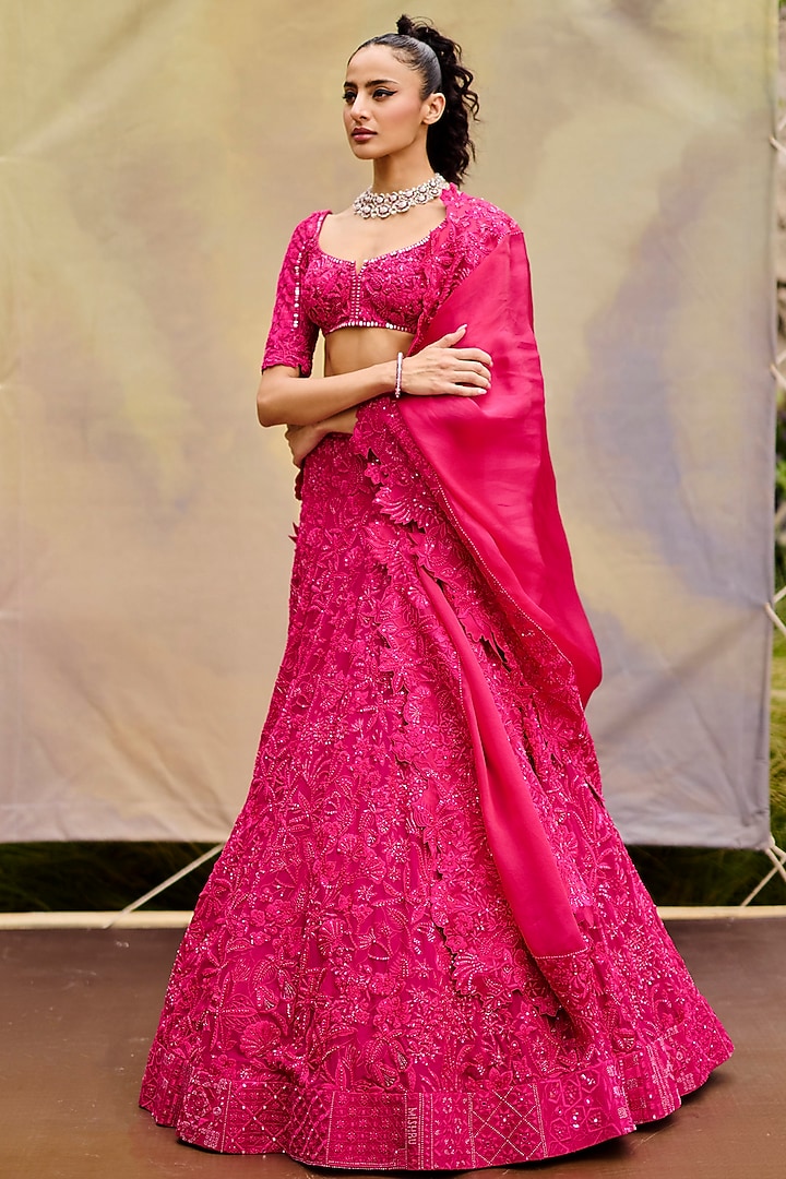 Fuchsia Organza Wildflower Bridal Lehenga Set by Mishru at Pernia's Pop Up Shop