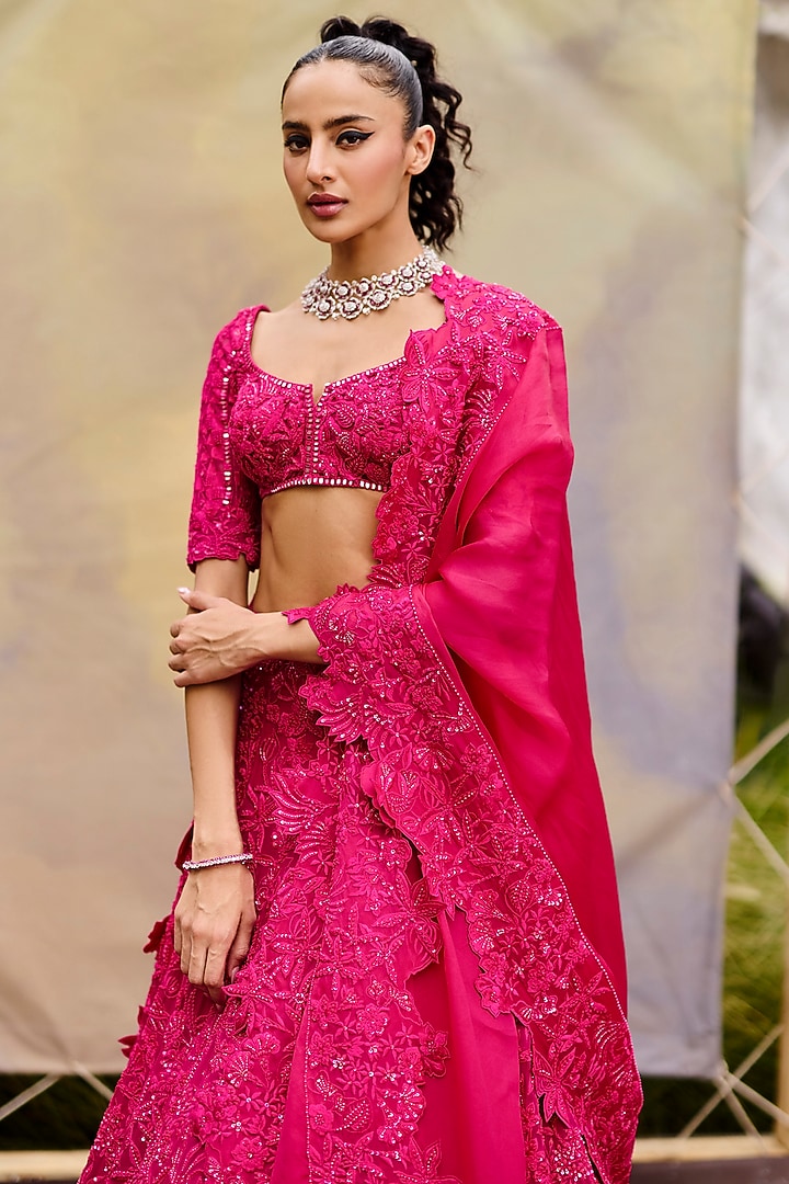 Fuchsia Organza Wildflower Bridal Lehenga Set by Mishru at Pernia's Pop Up Shop