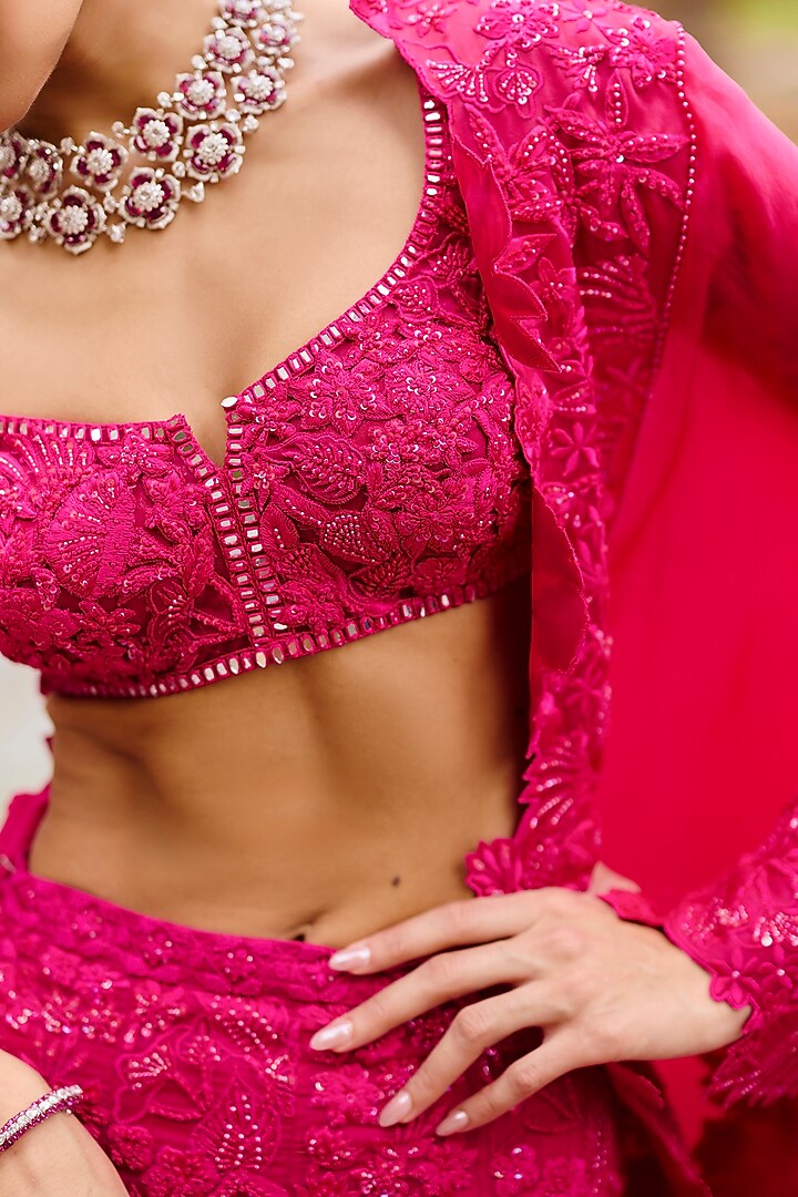 Fuchsia Organza Wildflower Bridal Lehenga Set by Mishru at Pernia's Pop Up Shop