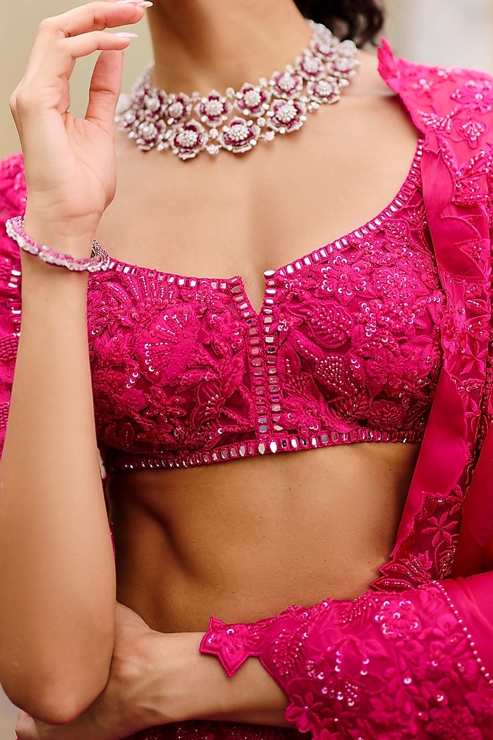 Fuchsia Organza Wildflower Bridal Lehenga Set by Mishru at Pernia's Pop Up Shop