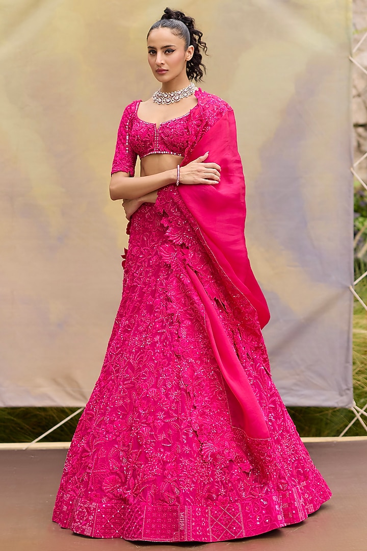 Fuchsia Organza Wildflower Bridal Lehenga Set by Mishru at Pernia's Pop Up Shop