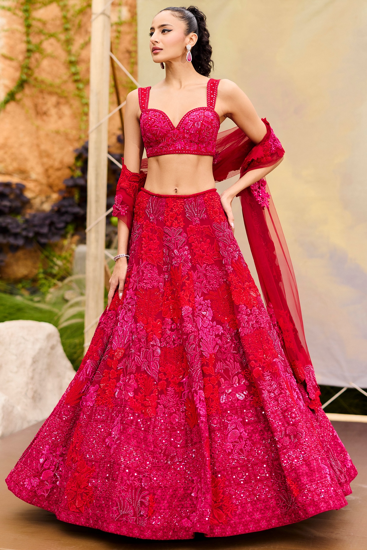 Mishru Red Organza & Tulle Embroidered Lehenga Set