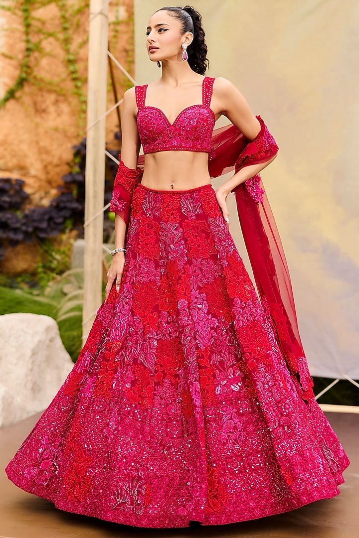 Red Organza & Tulle Embroidered Bridal Lehenga Set by Mishru at Pernia's Pop Up Shop