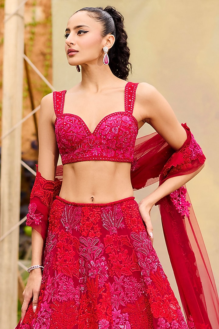 Red Organza & Tulle Embroidered Bridal Lehenga Set by Mishru at Pernia's Pop Up Shop