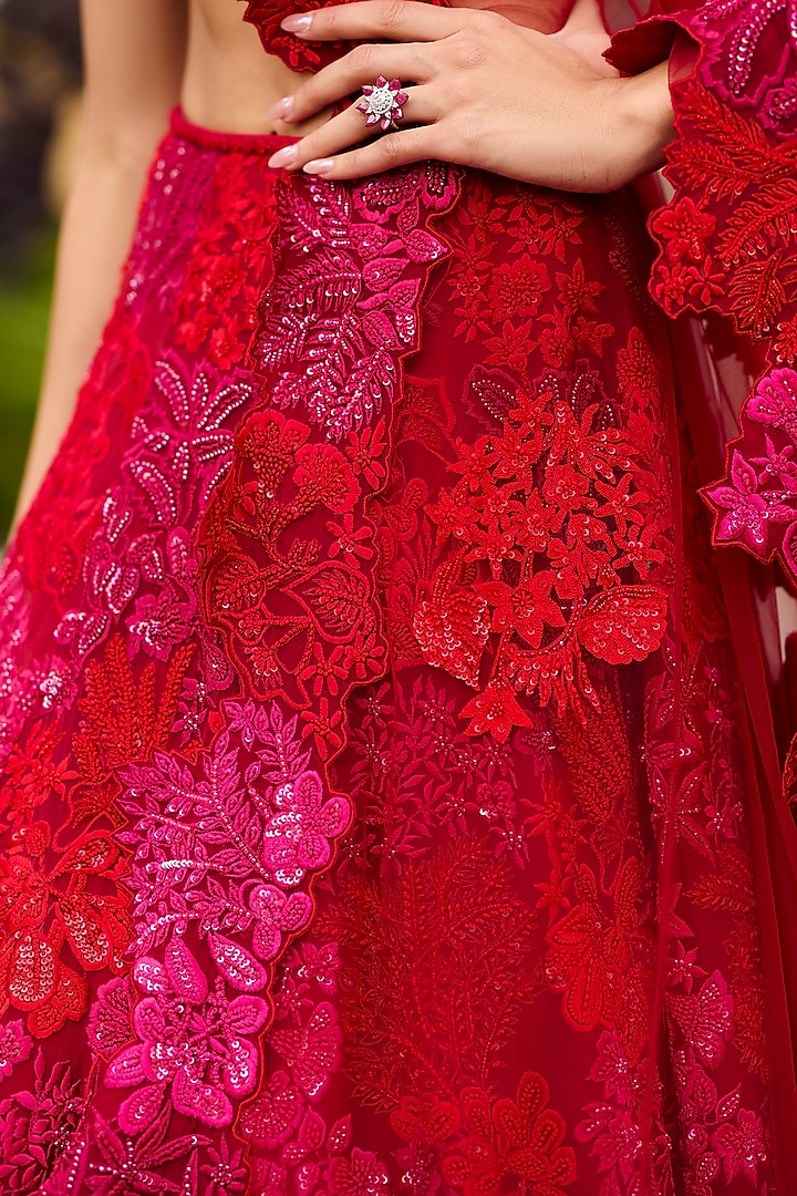 Red Organza & Tulle Embroidered Bridal Lehenga Set by Mishru at Pernia's Pop Up Shop