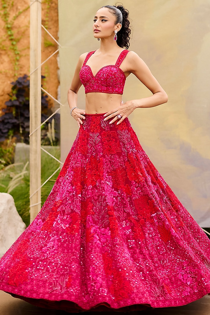 Red Organza & Tulle Embroidered Bridal Lehenga Set by Mishru at Pernia's Pop Up Shop