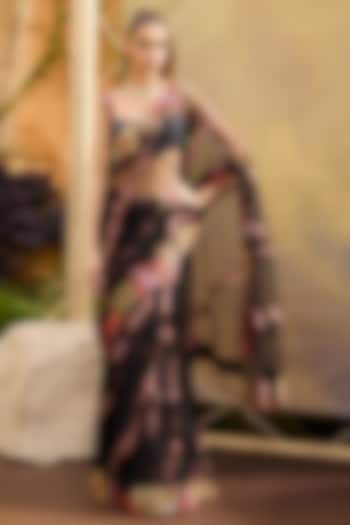 Black Tulle Floral Embroidered Bridal Saree Set by Mishru at Pernia's Pop Up Shop